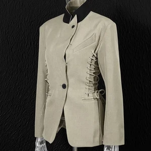 Autumn Women  High End Stand Collar Blazer Fashion Lace up Waist Cinching Slim Fit Solid Color Statement Jacket