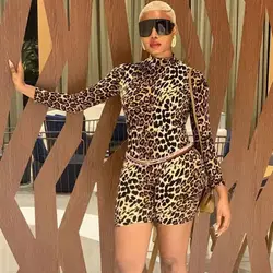 Fashion Apparel Mock Neck Leopard Print Fitted Long Sleeve Rompers Women