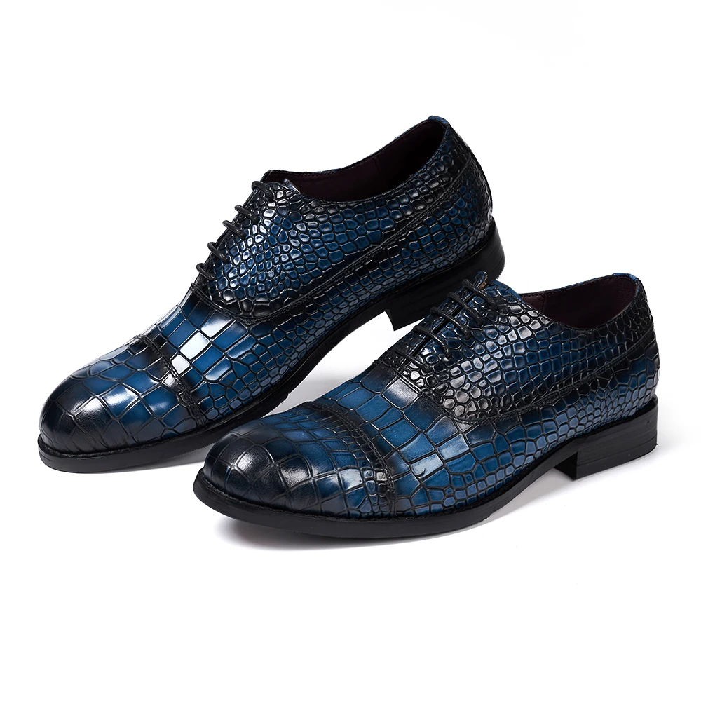 Premium Quality Customized Blue Leather Dress Man Formal Shoes Lace-Up  Black Hard Sole Print Derby Party Shoes
