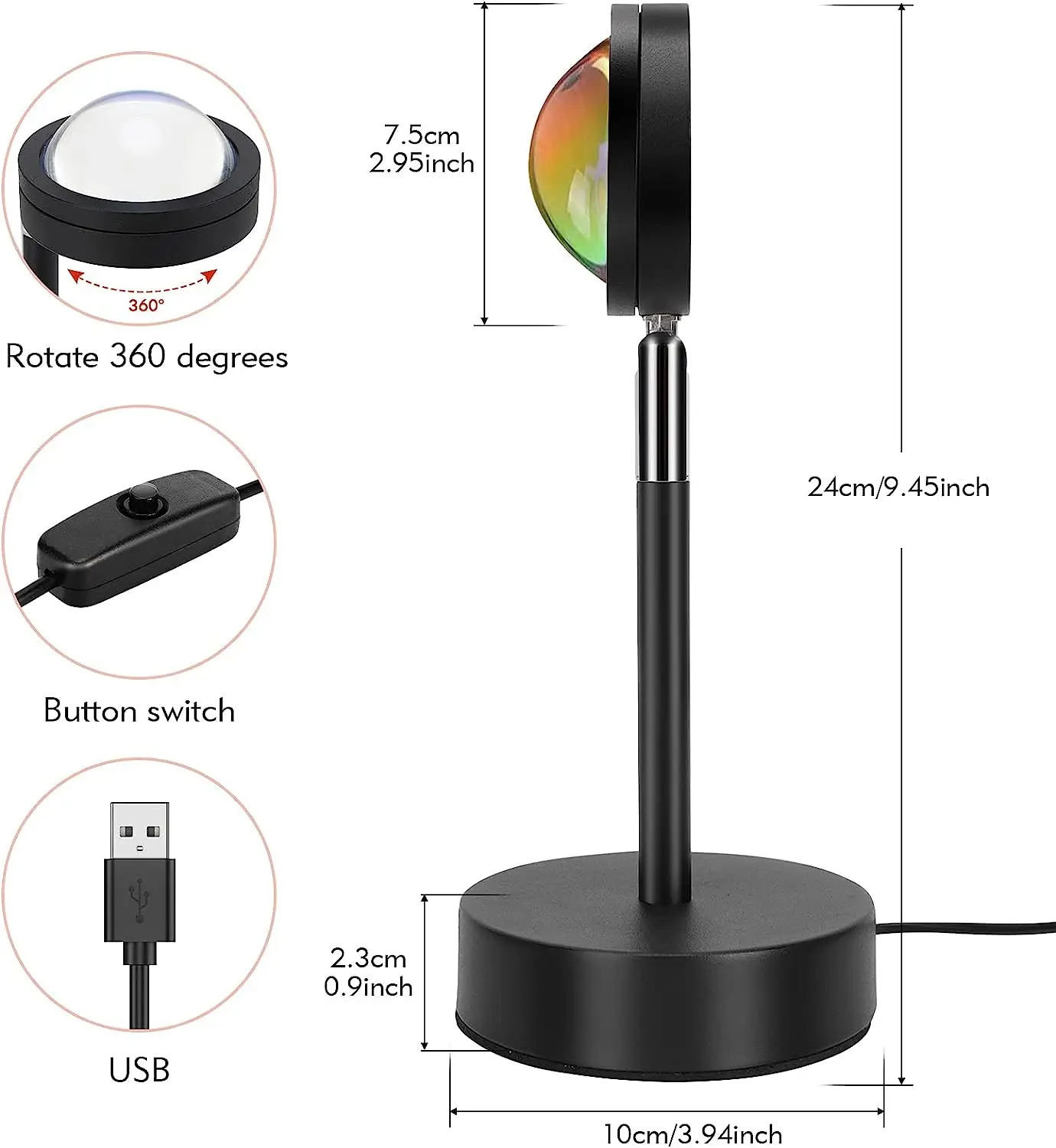Sunset Lamp Projection, 360 Degree Rotating Rainbow Projection Lamp, Mood Night Light LED Romantic Projector for Photography Sel