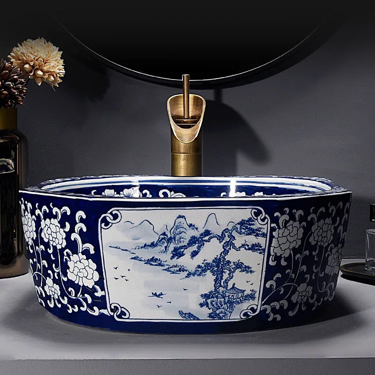 Blue White Rectangular Chinese Hand Painted High Quality Ceramic Art Bathroom Basin for Home and Restaurant