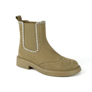 Women's Beige Suede Slip-On Ankle Western Fashion Solid Boots-Studded Brogue Low Block Heel 2026