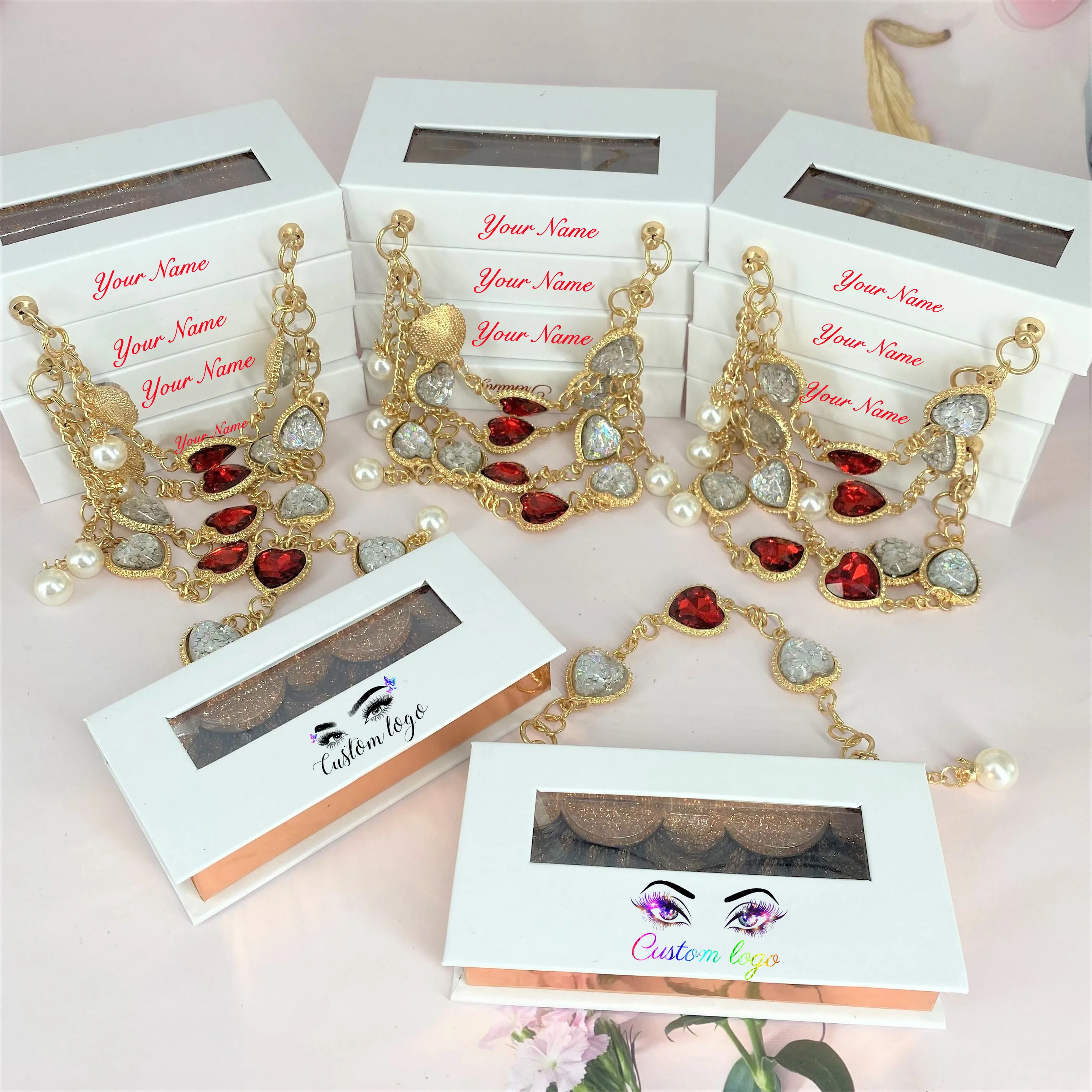 Custom Lashpackaging Box With Rhinestone Luxury Ribbon Rectangle