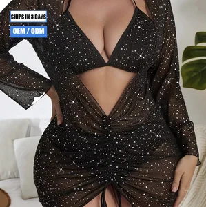 New Flashing Plus Size Solid Star Print 3-Piece Bikini Beachwear High Waist Swimsuit Fat Women's Swimsuit with Cover