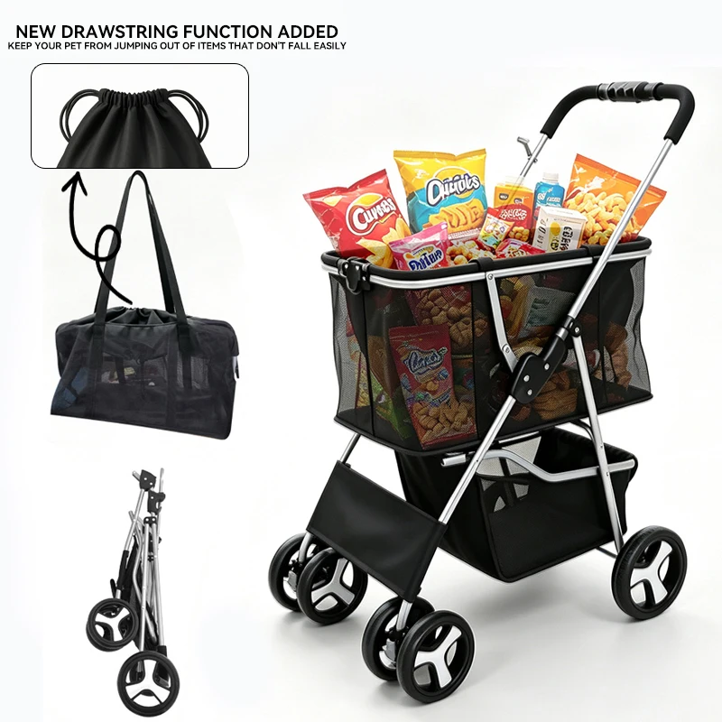 New Double Decker Pet Stroller One-Click Folding Detachable Camping Hand Cart Multifunctional Outdoor Shopping Tote Basket