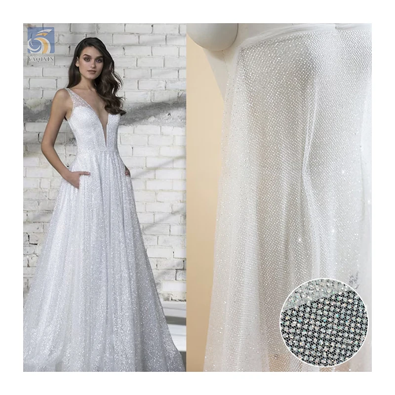 High-End Polyester Flash Silver Shiny Glitter Tulle Net Fabric Sparkle Mesh  Wedding Dress Bridal Fabric Price Sales by Yards