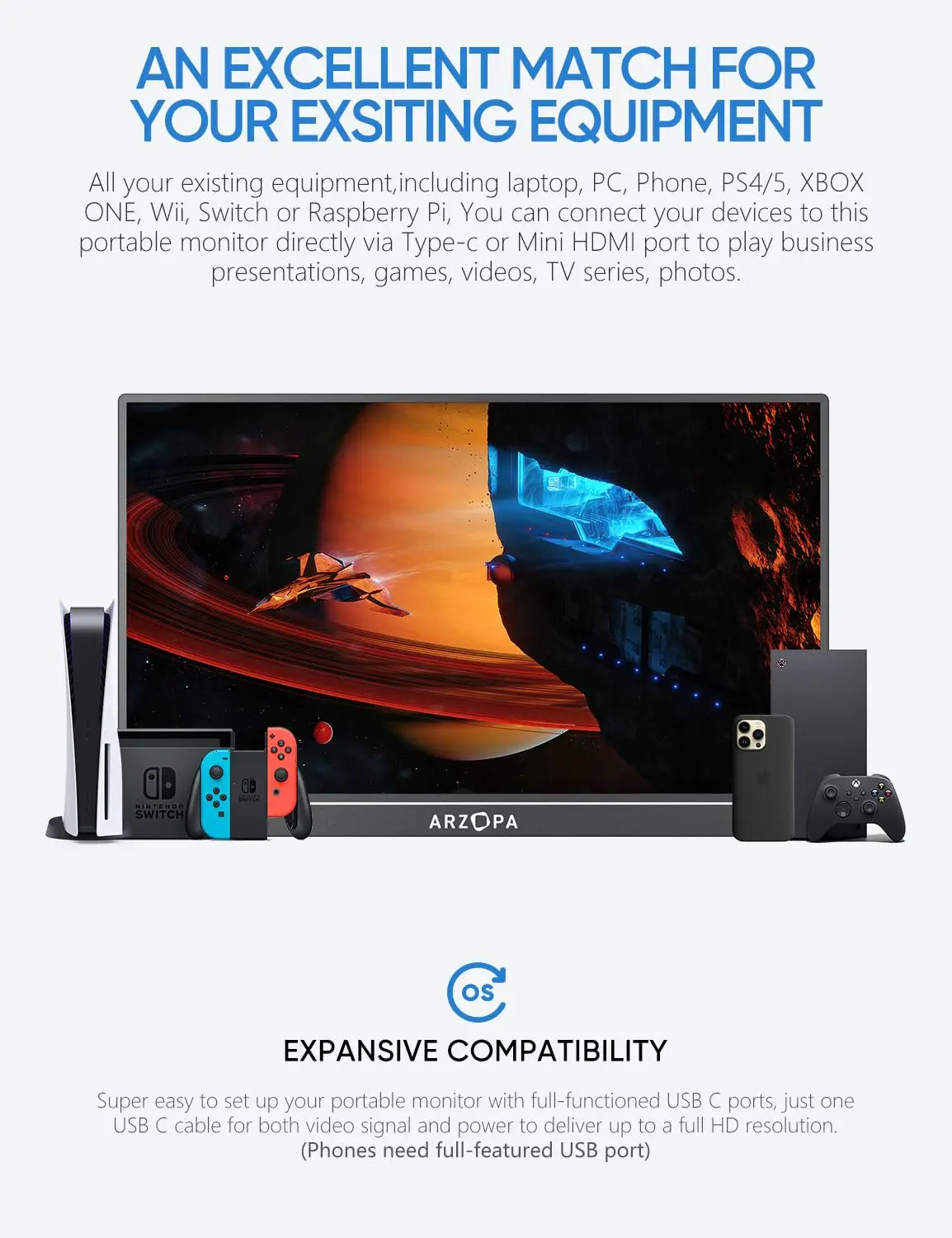 Arzopa17.3インチ60HZ1080PFHDポータブルモニターラップトップ