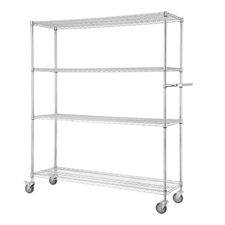High Quality Adjustable 4 Layers Kitchen Storage Trolley Wire Shelving Trolley Cart Shelving on Wheels