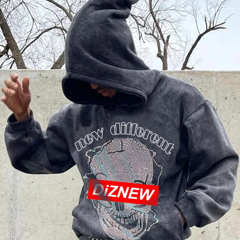 DIZNEW Low Moq Custom Puff Print Hoodies Men Streetwear Black Wash Water studded Denim Hoodie 500 Gsm