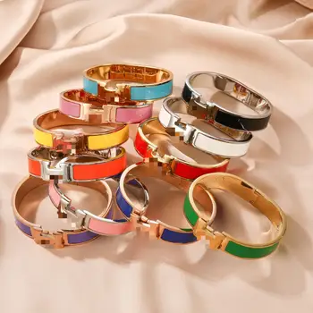 Colorful Famous Luxury Enamel Fashion H Brand Jewelry Women 12mm Width 17cm 19cm 316L Stainless Steel Bracelet Bangles