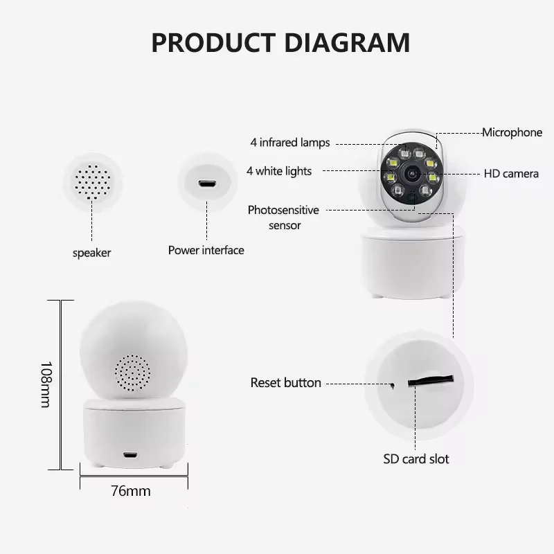 4MP Mini Home Smart HD 360 Degree Indoor Icsee Security Camera Full Color Night Vision Cloud Storage CMOS Sensor Reset Function