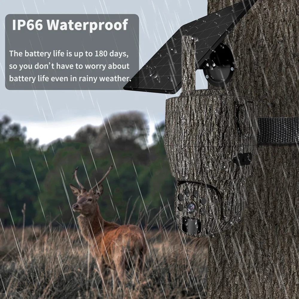 Cámara de Caza y Vigilancia PTZ 4G LTE con Transmisión en Vivo para Exteriores, Batería Recargable de 20800mAh, para Fauna Silvestre con Panel Solar