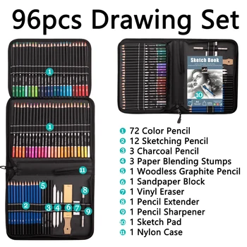 96/72/51 Pieces Painting Set Drawing Art Supplies Set Colored Drawing  Pencils Set Sketching Graphite Pencils with Portable Bag