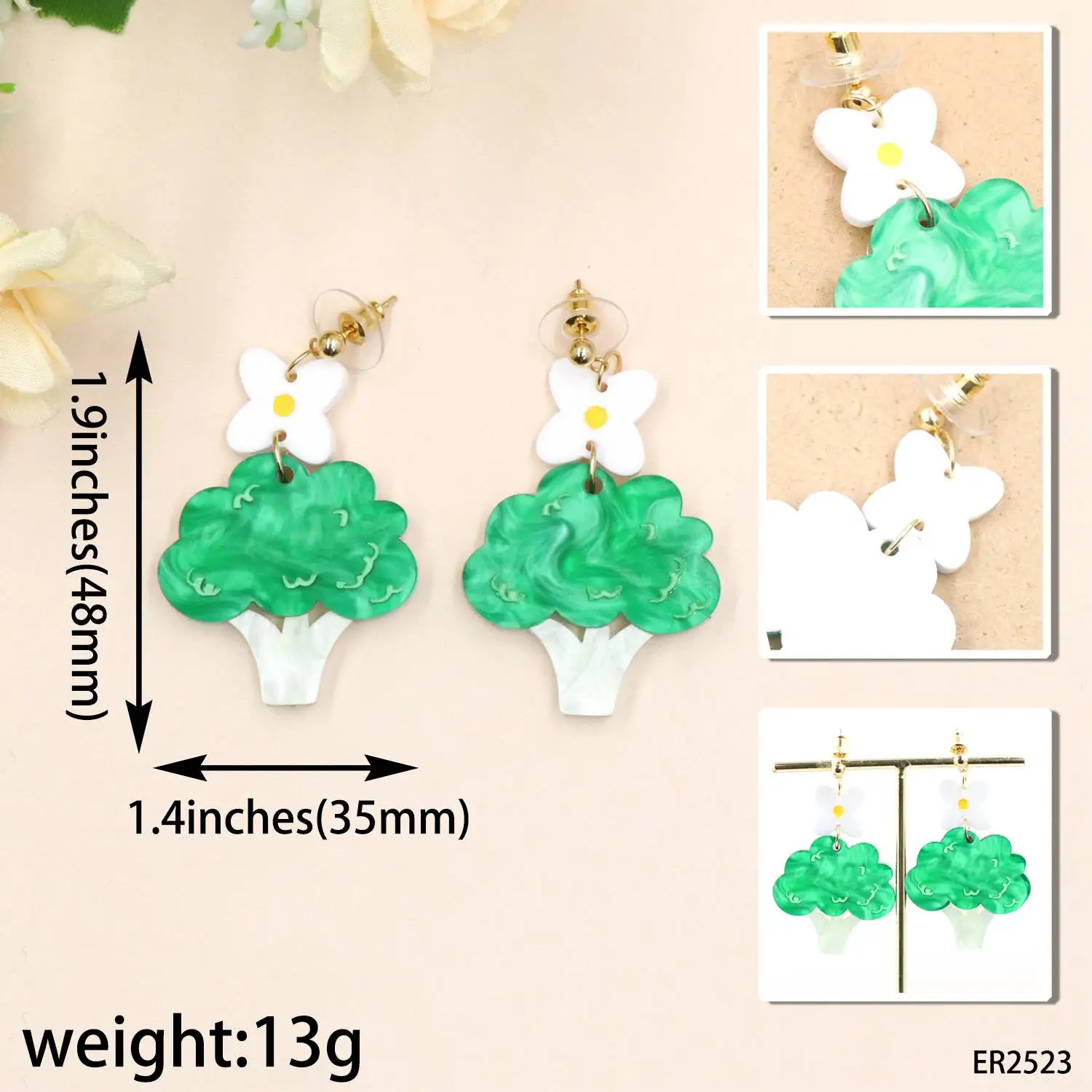 YCXER2523 White and Green Carved Marble Pendant Earrings 2mm Bottom with Light Green Western Blue Flower for Gift Occasions supplier