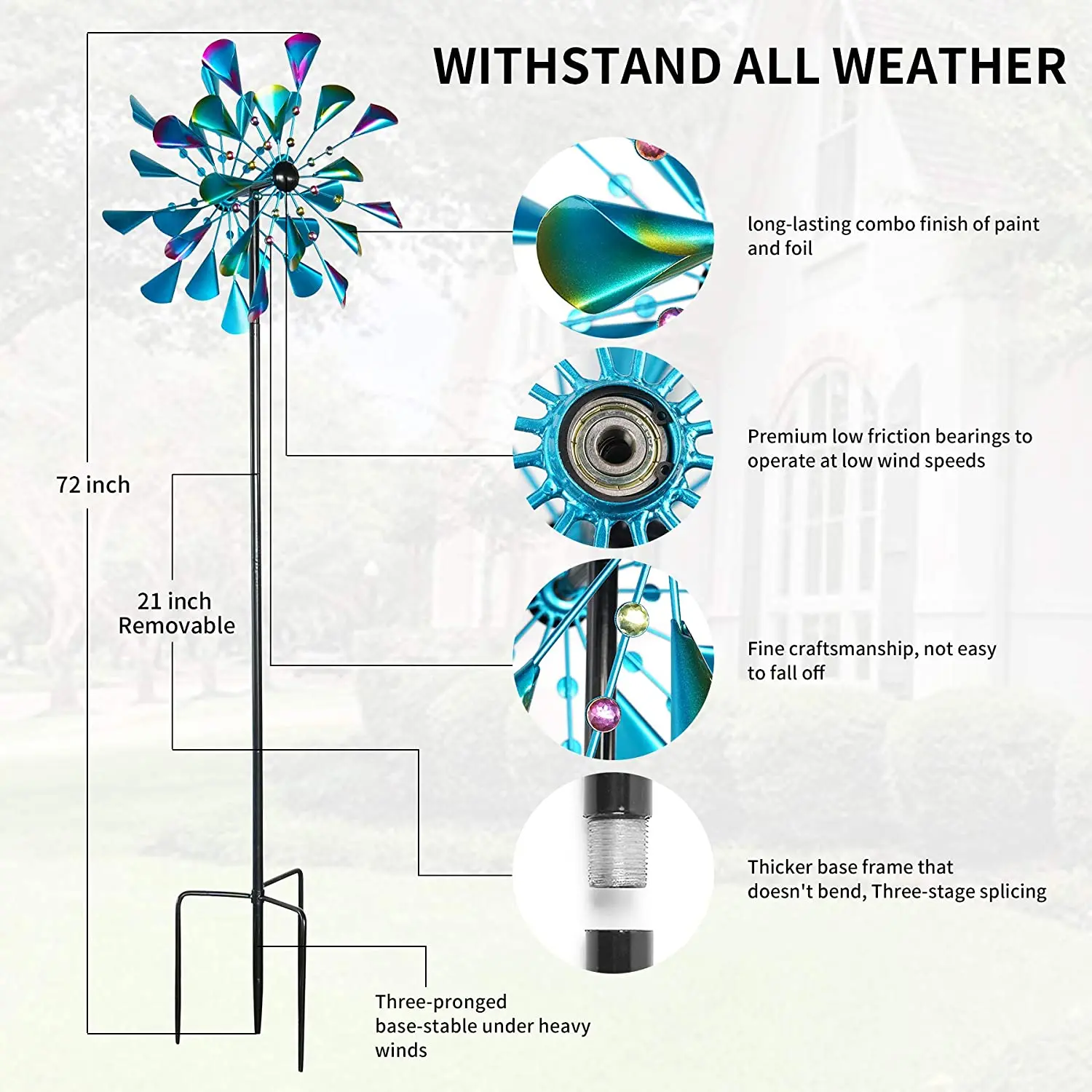 Oniya 72 Inches Double Windmill Spinner with Stable Metal Garden Stake Outdoor Kinetic Wind Spinner for Yard Patio Lawn Decor