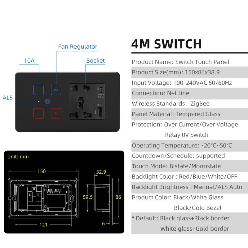 For Tuya Smart Life Zigbee Application Control Glass Touch Switch for India Standard 8M Home Multifunctional Combination 10A 240