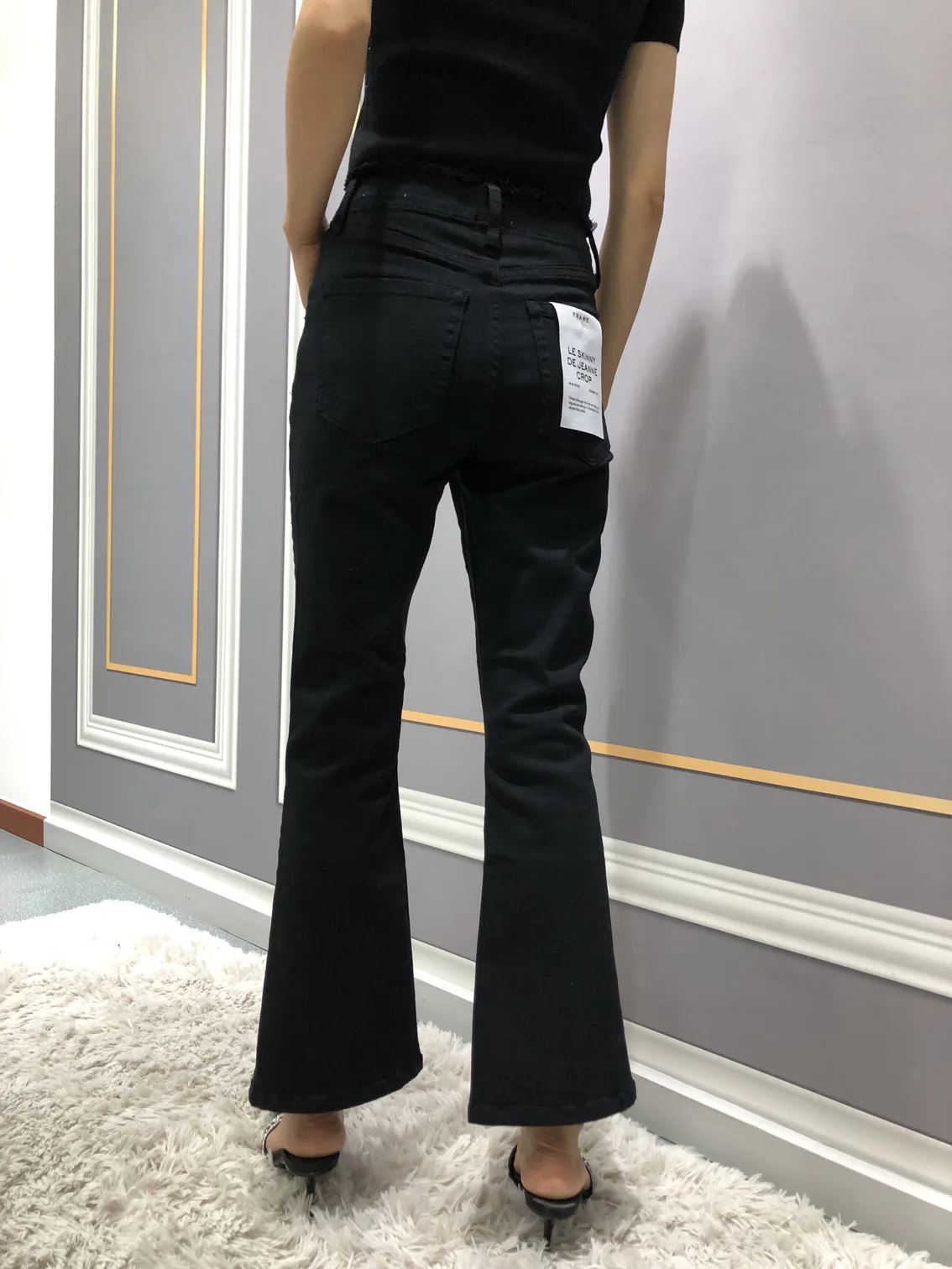 FD002 Autumn Winter Europe and American Burr Edge High Waist Pure Black Front Slit Design  Nine-minute Flare Pants Women