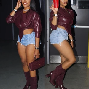 K25C77277 Elegant Casual Pu Leather Wine Red Lapel Long Sleeve Jacket Chic Button Cropped Coat