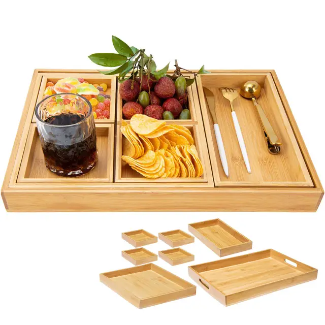 Customizable Bamboo Wooden Serving Tray with Handle Set of 7 Large Medium Small and Mini Nesting Multipurpose Trays