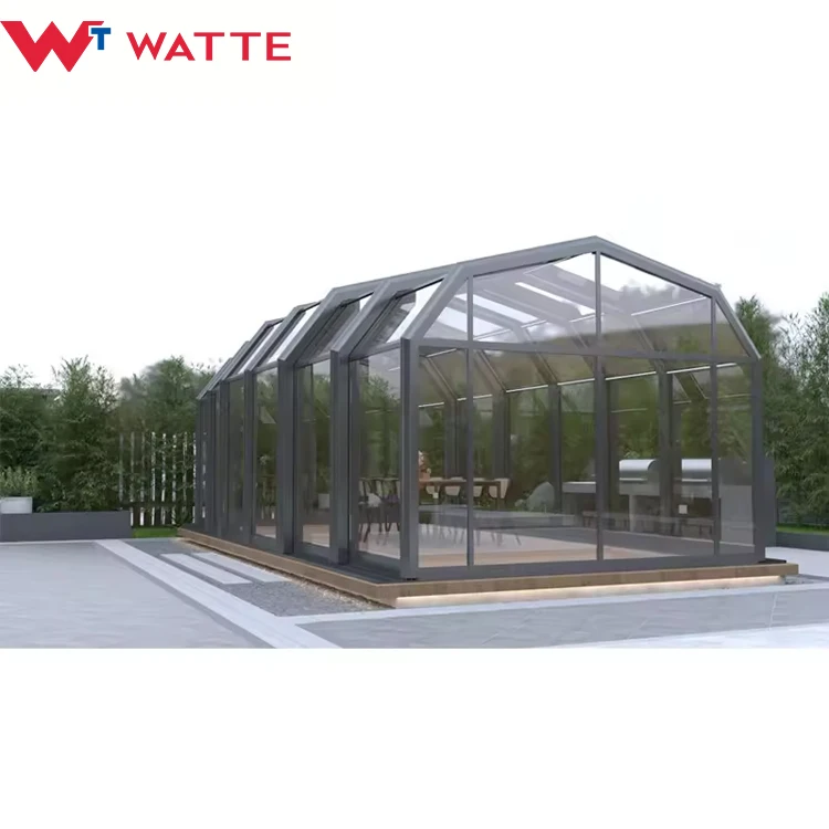 ガラス、サンハウス、アルミ Modern Aluminum Motorized Retractable Sunroom with Flat Roof