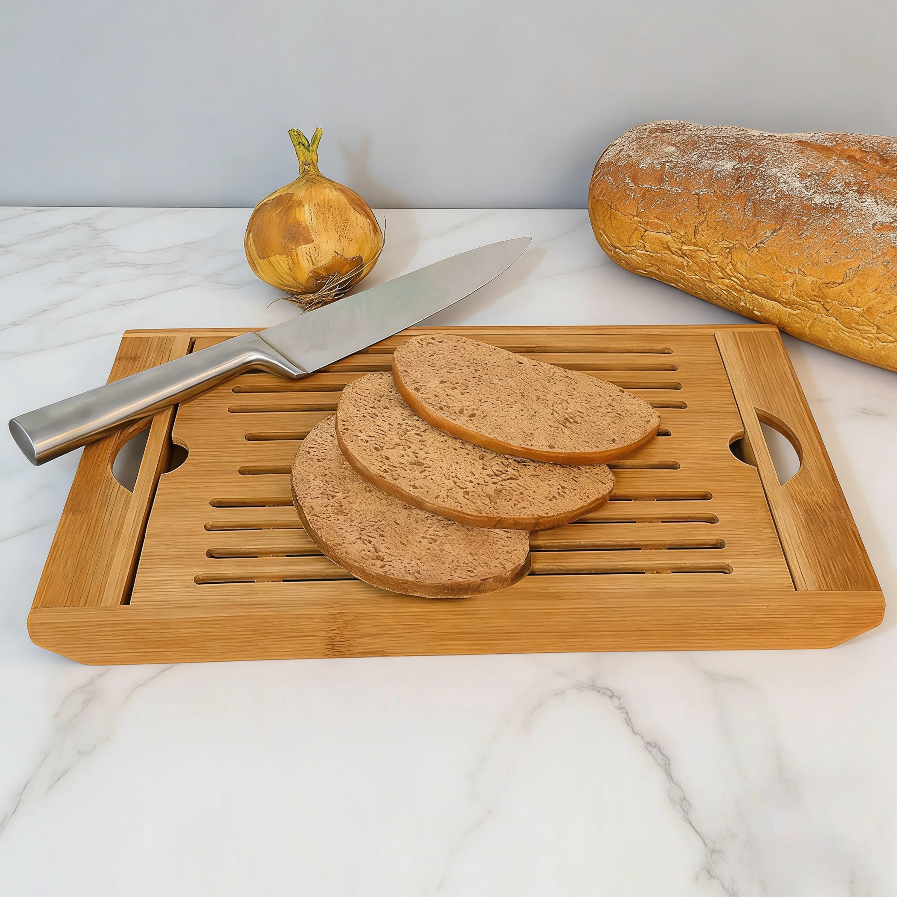 Custom BambooKitchen Bread Cutting Board with Bread Crumb Collector Tray Chopping Board Tea Tray with Drip Tray