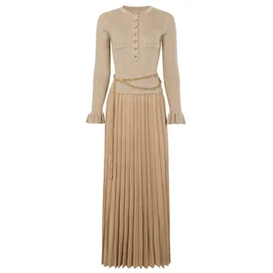 AELESEEN Designer Elegant Autumn Winter Knitted Set Women Long Sleeve O-Neck Single-breasted Sweater + Pleated Skirt Set