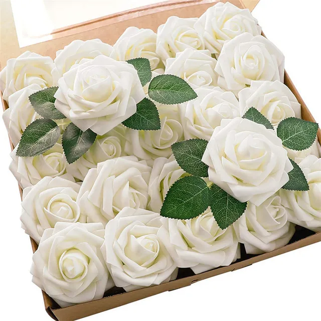 2025 New Artificial Flowers 25pcs Real PE Foam Ivory Roses Flower With Stems For Mothers Valentines Day