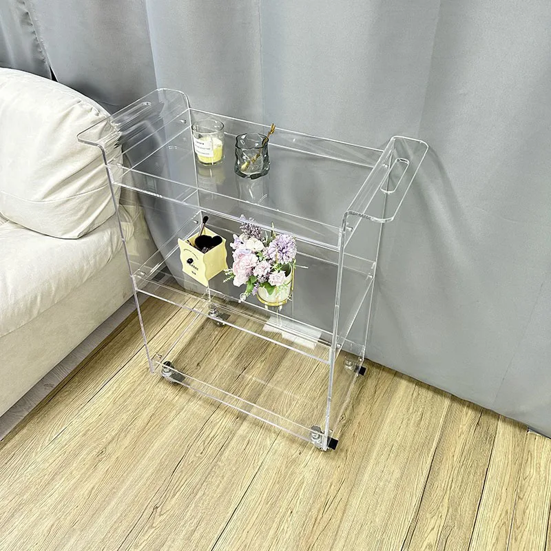 Customized Modern Design Clear Acrylic 2-Shelf Rolling Bar Cart Square Lucite Trolley for Dining Living Room Hotel Kitchen Use