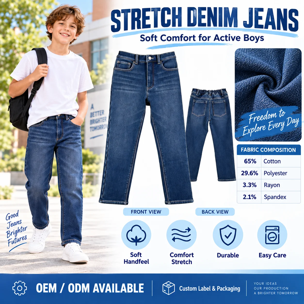 OEM ODM boys Denim Jeans Boys Light Blue Straight Fit Casual Breathable Eco-Friendly Garment Dyed Cotton Washed Pants Custom
