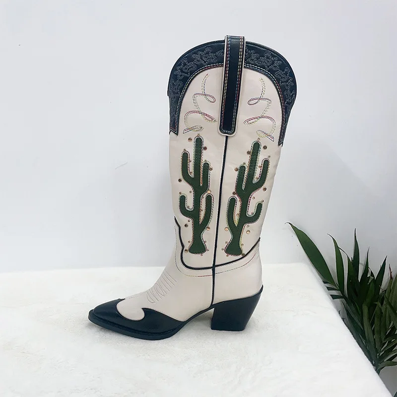 Hot Selling Chunky Heel Knee High Boots Ladies Pointed Toe Embroidery Cactus Women Western Cowboy Boots - Image 5