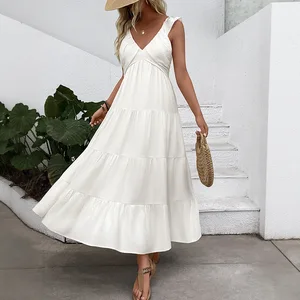 Summer New Solid Color Casual High Waist Sleeveless V-Neck Long Dress Anti-Static Holiday Celebration European American Foreign