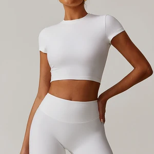 Custom Ribbed Fabric Solid Color Women Short Sleeve Yoga Top Outdoor Training Workout Running Gym Sports Shirt Yoga Top