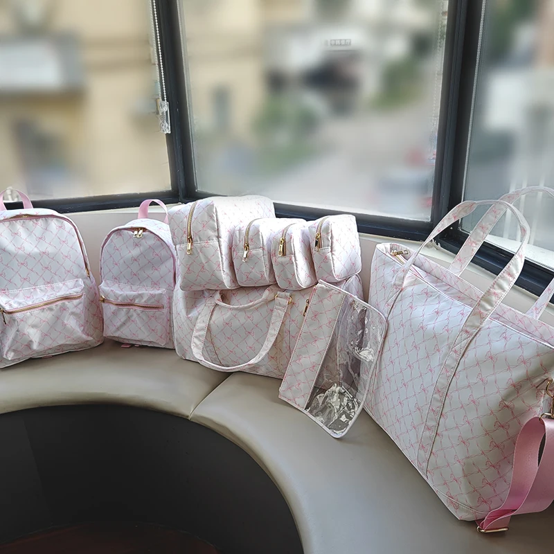 2024 IG Trend Best Seller Bow Pink Multiple Size Travel Cosmetic Bag Nylon  Makeup Bag Pouch Toiletry With Golden Zipper