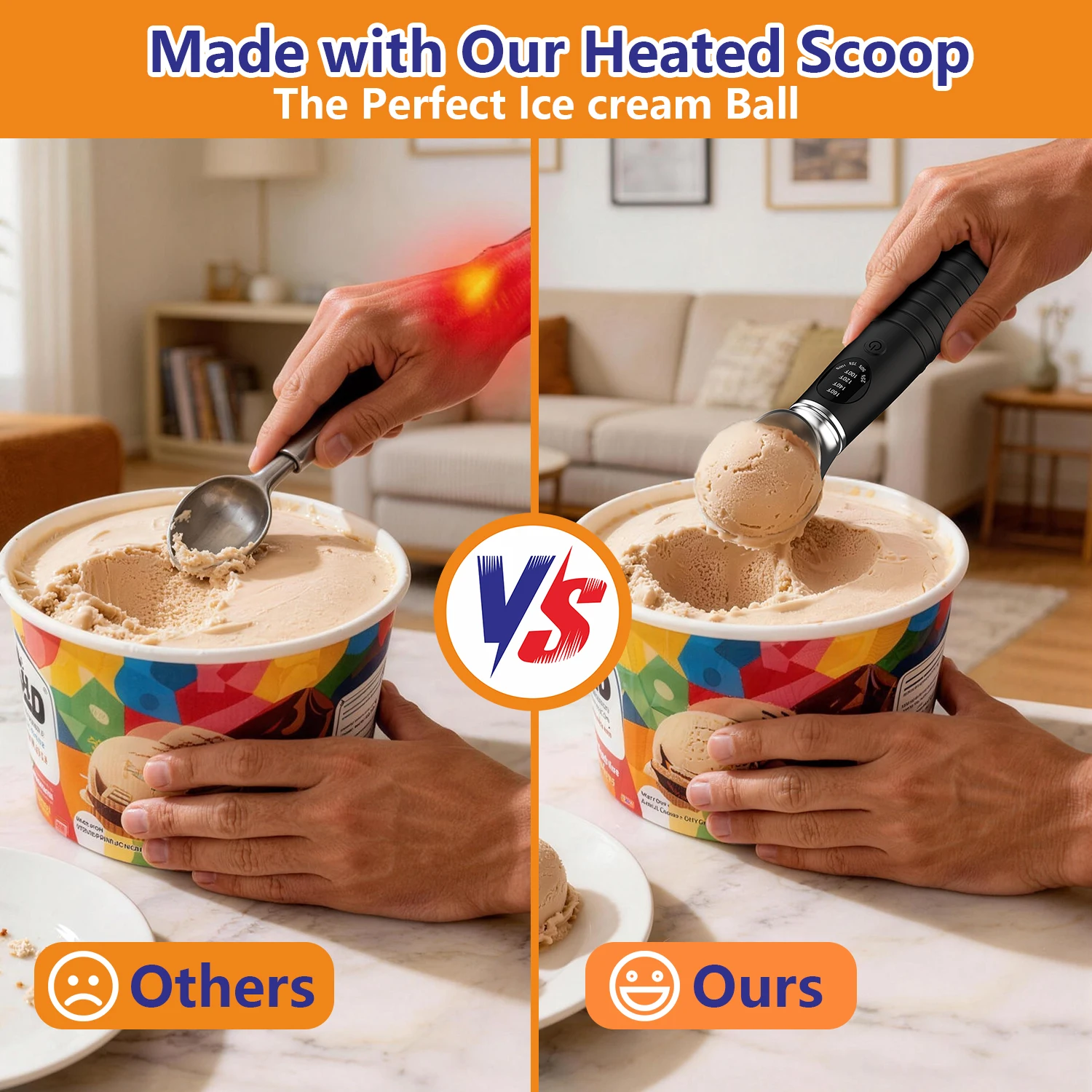 LED Heated Metal Ice Cream Scoop 4-Speed Temperature Control IP67 Waterproof Rechargeable Easy Use for Home & Business
