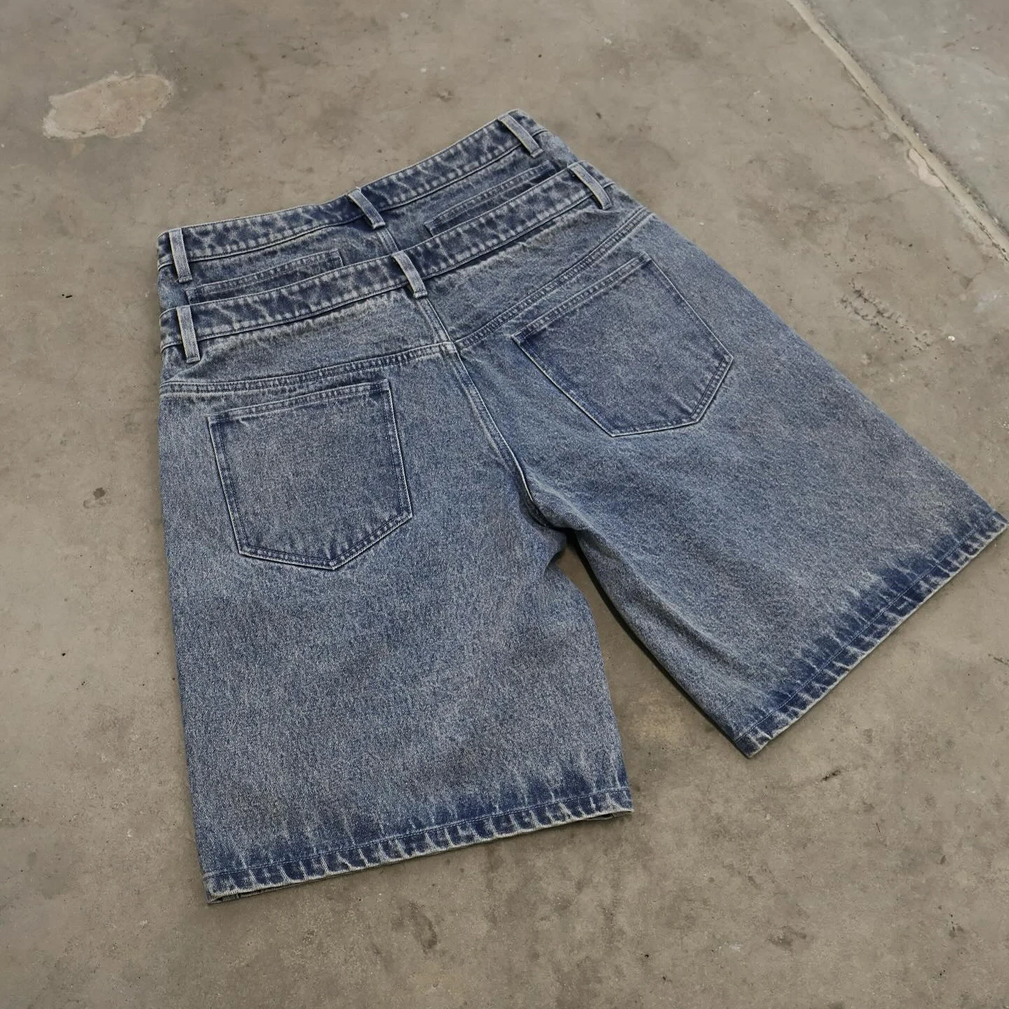 Denim Manufacturer Custom Double Waist Knees Diamonds Rhinestone Baggy Cargo Jeans Denim Shorts Men's Jorts supplier