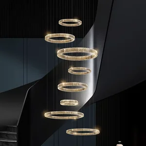 High-End Modern Gold Crystal LED Chandelier Stainless Steel Long Luxury Hotel Lobby Villas Staircase Home Hollow Ceiling Room