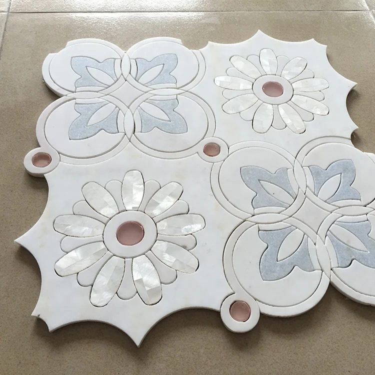 Natural Thassos White and Blue Marble Mix Mother of Pearl Shell Waterjet Flower Pattern Mosaic Tiles