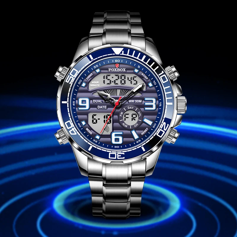 FOXBOX 0007 Men's Luxury Digital Chronograph Watch - Stainless