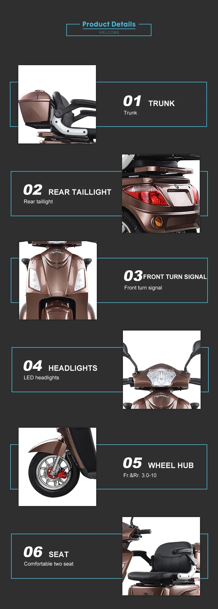 EEC COC Three Wheels Mobility Electric Scooter Adult Safe and Convenience for Elderly Powerful 1000w 60V 20AH Lithium Battery