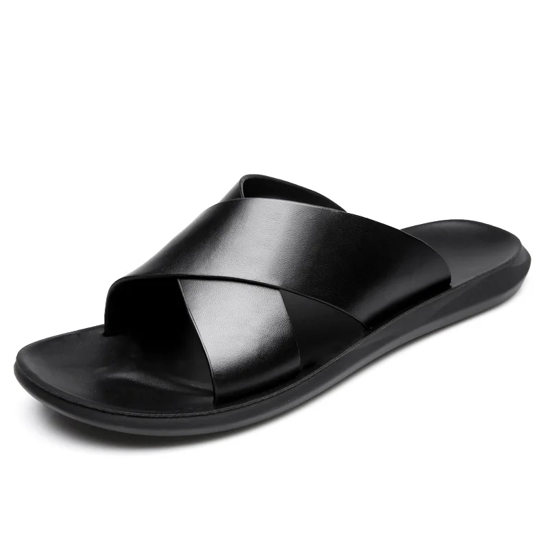 New Styles Men Summer Fashion Genuine Leather Sandals Comfortable Lightweight Cross Strap Slip on Beach Slide Sandals Shoes