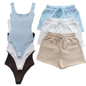 OEM Women Shorts Sets Summer Square Neck Sports Vest Short Drawstring Jogger Pants Bodysuit Cotton Set Womens 2 Piece Jogger Set