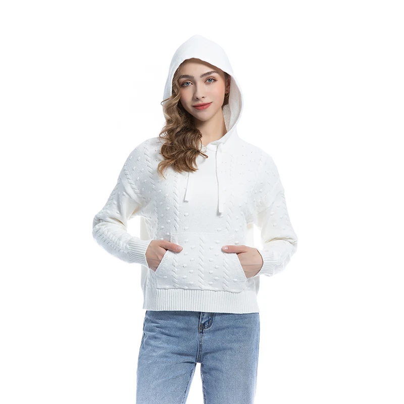 Woman Sweater Hoodie Long Sleeve Drawcord Cable Knit Polka Dot Pocket Knitted Lady Pullover Women Jumpers