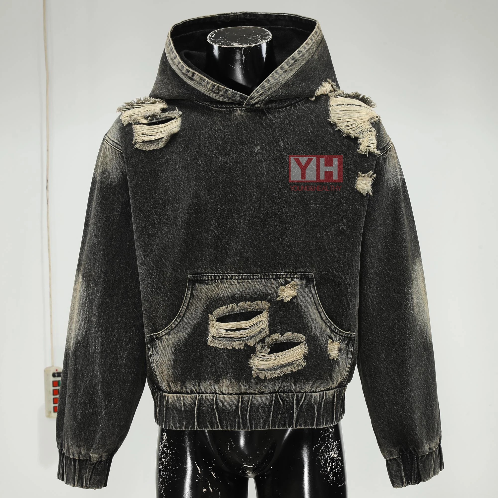 2024 New Arrivals Fashion Sun Faded Vintage Streetwear Custom Distressed Hoodies Men Acid Washed  Hoodie