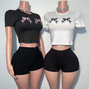 Manufacturer Short Sleeve Crop Top t Shirt & Shorts 2025 Loungewear Sports Custom logo Activewear Two Piece Set Women Clothing