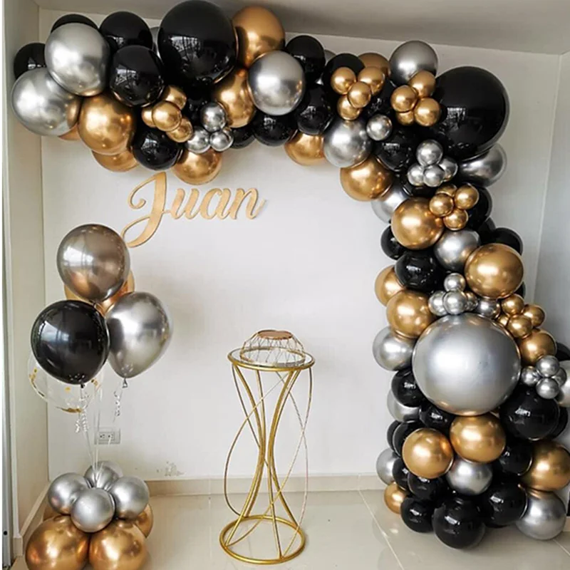 Decoración Happy Birthday Dorada Plata Negra Globo Corona