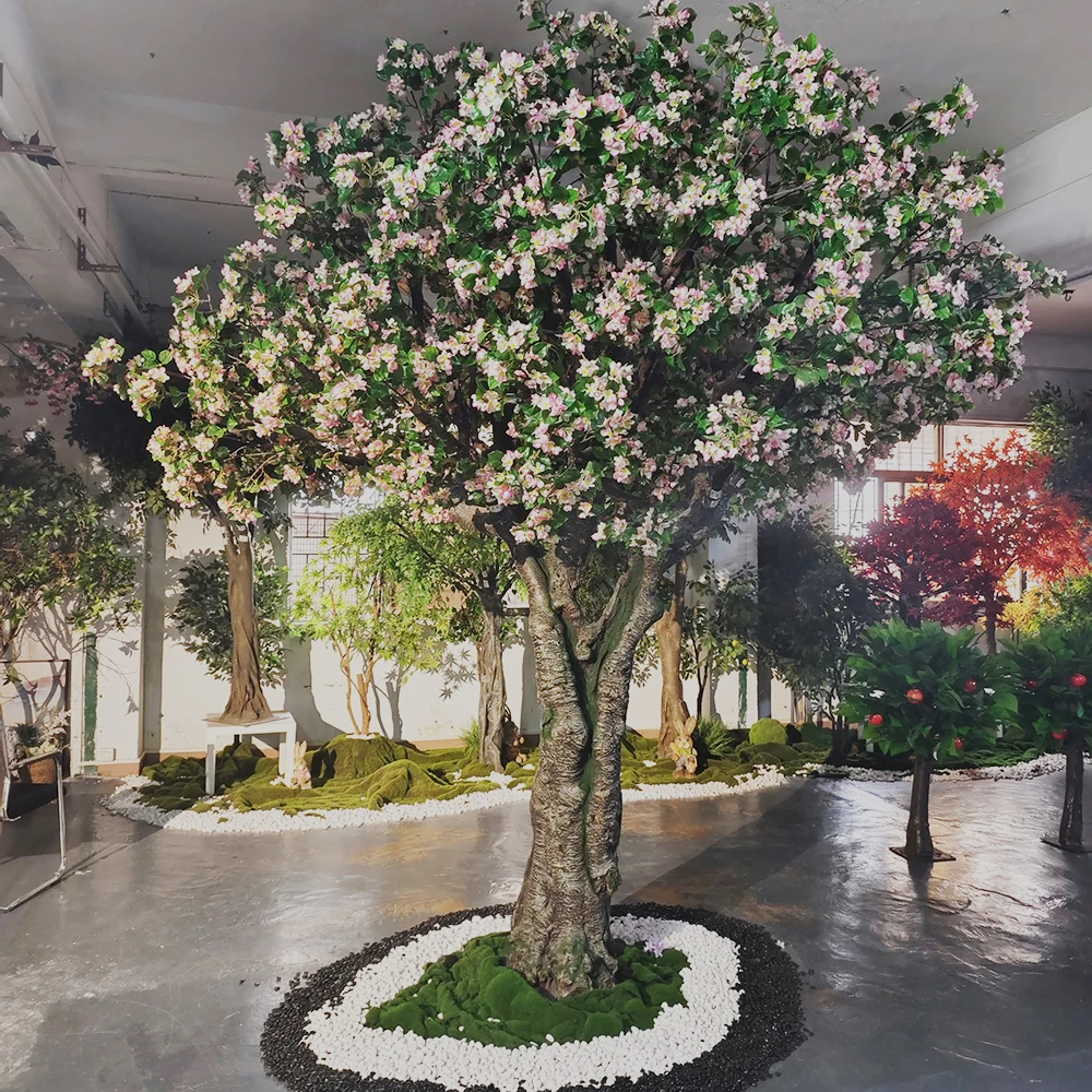 Kunstbäume vertikale rote weiß lila blaue Blumen Baum Seidenstoff