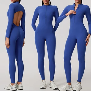 Custom Sportswear Yoga Wear Workout Outfit One Piece Bodysuit Gym Clothes Long Sleeve Fitness Jumpsuit With Hollow Out Back