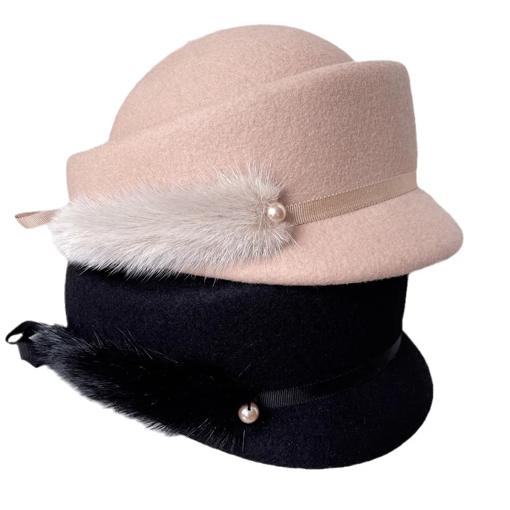 Французская элегантная австралийская шерстяная конная шапка женская теплая из меха норки