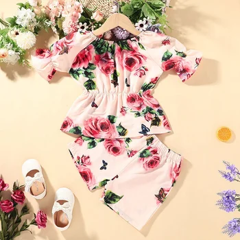 2021 Summer Baby Girl Outfit Two Piece Set Puff Sleeve Floral Rose Tops Shorts Pants Kids Boutique Clothing Wholesale