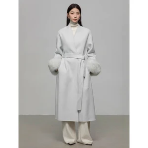 Winter New fox Fur Cuffs Wool Coat for Women Gentle and Elegant Lace up Double-sided Yak Fur Long Coat Jacket